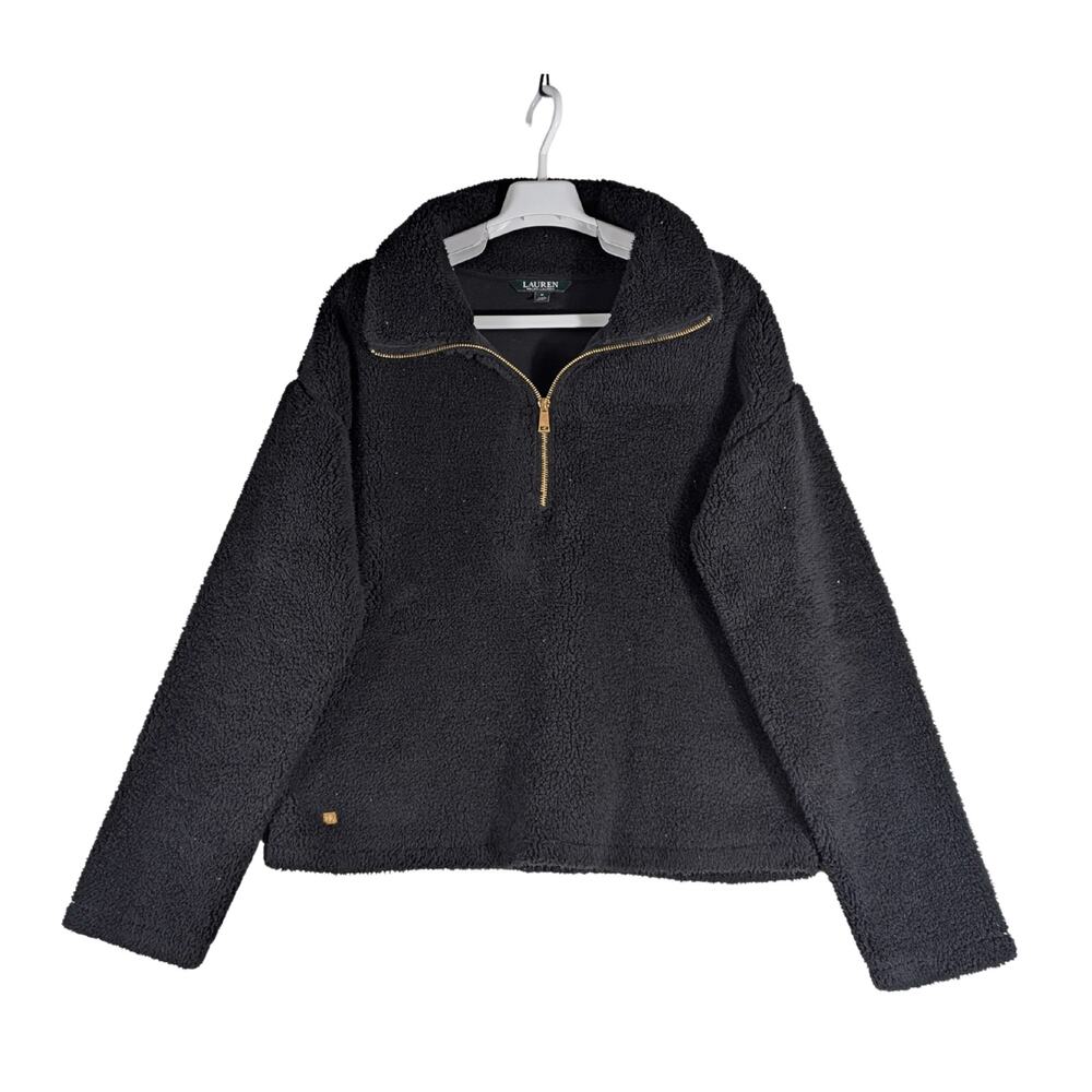 Ralph Lauren Faux Shearling Quarter Zip Black Pullover Women’s Size Medium